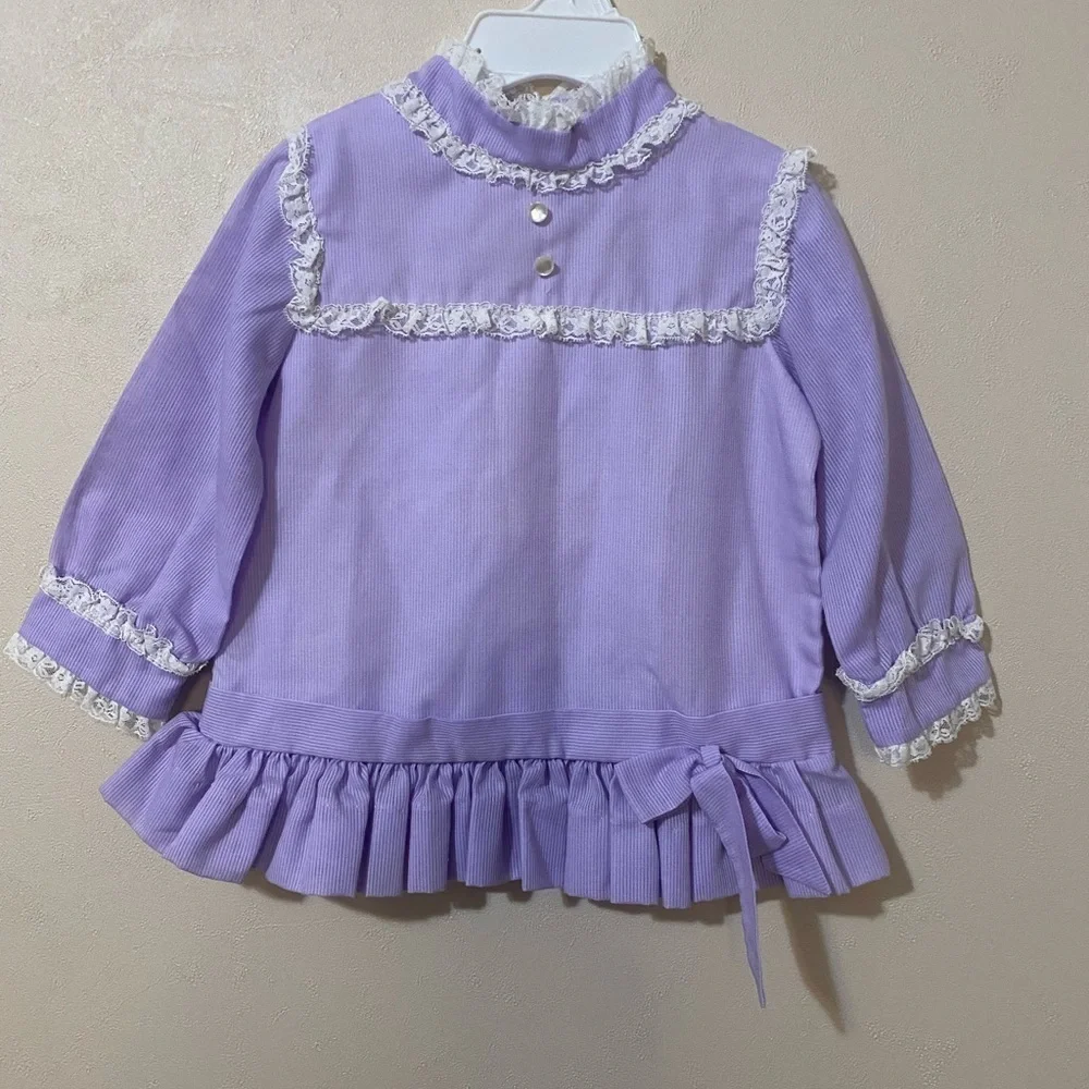 Vintage Blouse Shirt Baby 3T Lavender Purple Long Sleeve Collar Lace